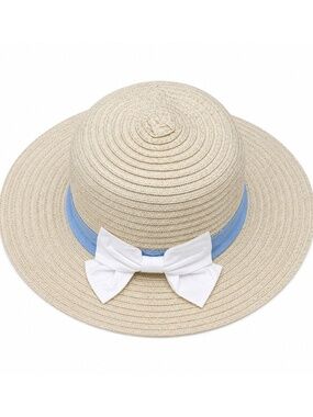 Tahari Kids Girls Straw Sun Hat Blue Ribbon White Bow Beach Easter | One Size